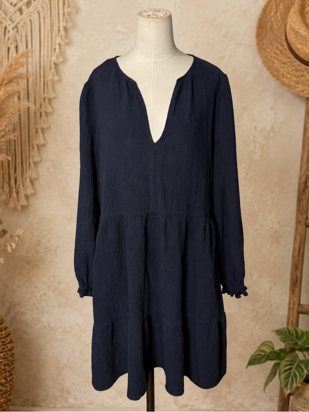 For Cynthia Navy Blue Cotton Gauze Tiered Boho Mini Dress Long Sleeve Relaxed